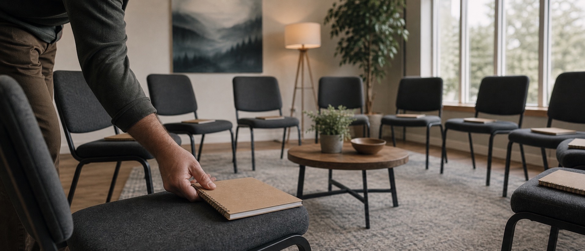Man in a focused one-on-one counselling session with a male therapist